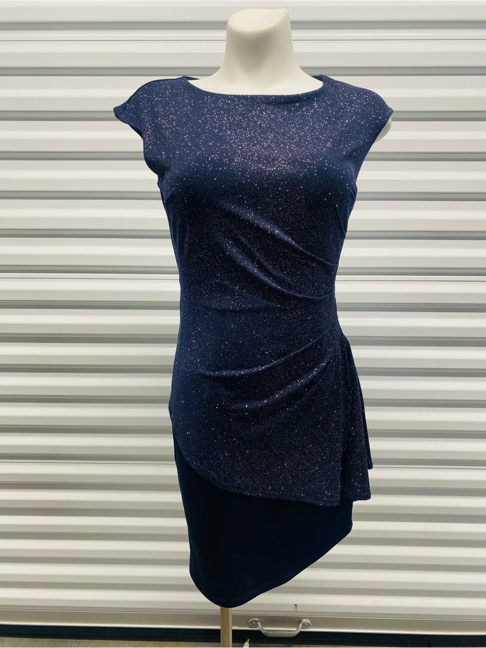 Enfocus Studio Navy Sparkle Asymmetrical Sheath Dress